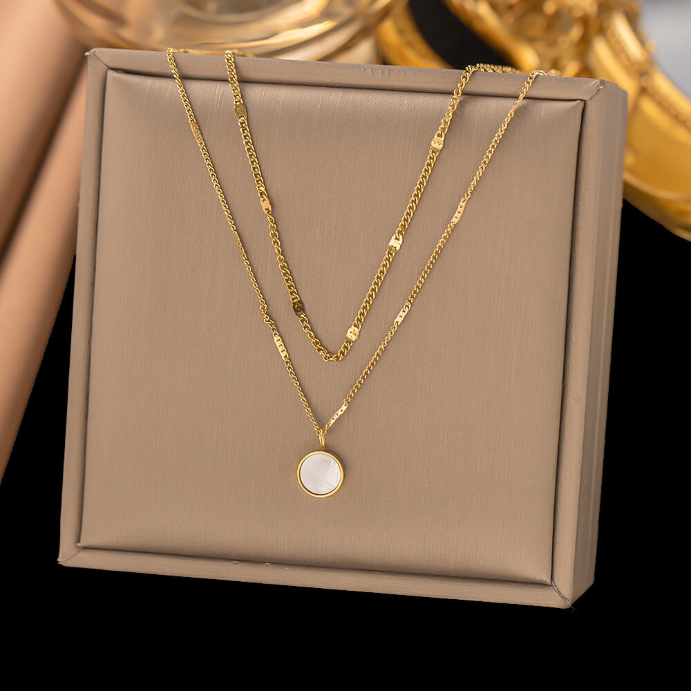 18K Gold Plated Layered Necklace Set with Mother-of-Pearl Pendant