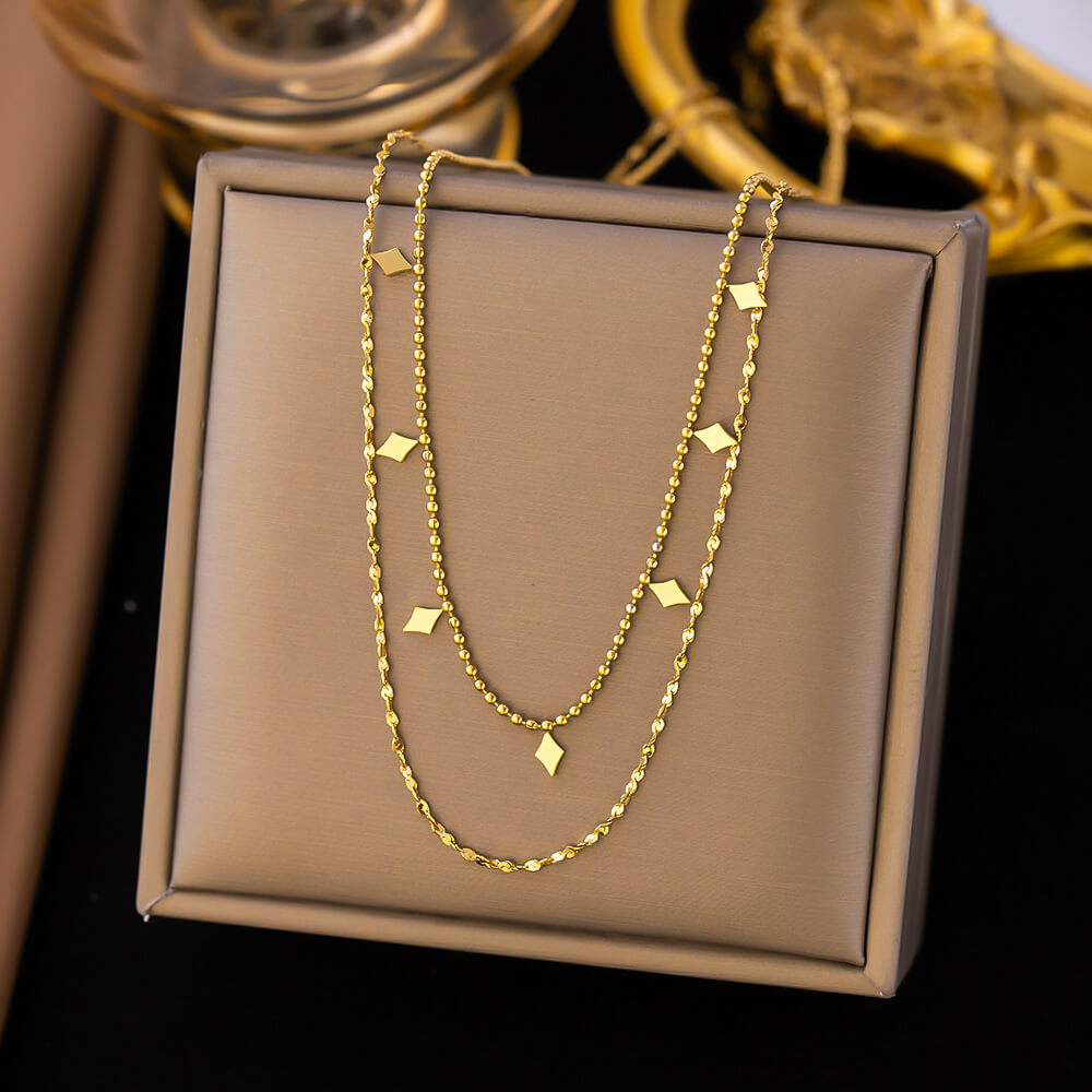 18K Gold Plated Layered Necklace Set with Diamond-Shaped Accents